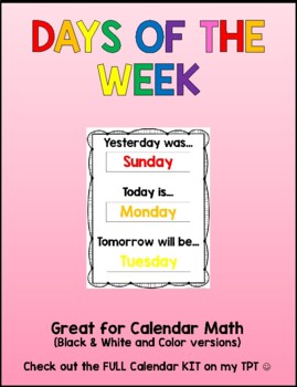 Calendar Days of the Week Yesterday Today and Tomorrow by Inspired