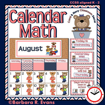 Preview of CALENDAR MATH Coral and Navy Clasroom Decor Interactive Patterns Predictions