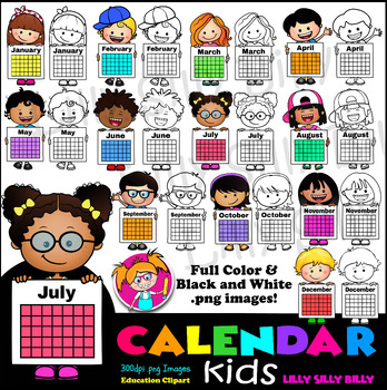 Preview of Calendar Kids. Clipart set Full Color & Black/ White.