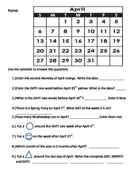 Preview of Calendar Math Worksheet - Week Before/After, Less/More/Same As