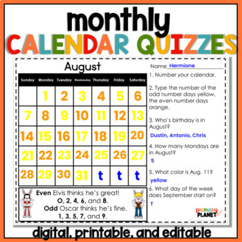 Preview of Calendar Math Worksheets - Print - Digital - Editable