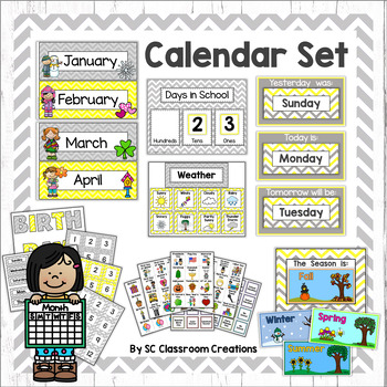 Yellow and Gray Chevron Calendar Set -Classroom Decor by SC Classroom ...