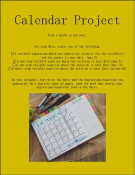 Preview of Calendar Project - Expressions and Equations