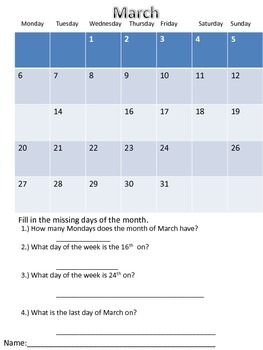 Calendar Questions- Practicing calendar skills by Kelly Keaton | TPT