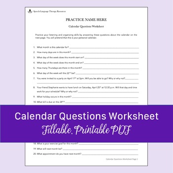 Preview of Calendar Questions Worksheet for Language Therapy | Fillable, Printable PDF