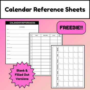 Preview of Calendar Reference Sheet Freebie