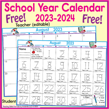 Preview of Calendar School Year 2023 - 2024 – Student & (Editable) Teacher Versions – FREE
