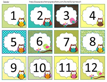 calendar set owl theme months and numbers by scrapnteach tpt