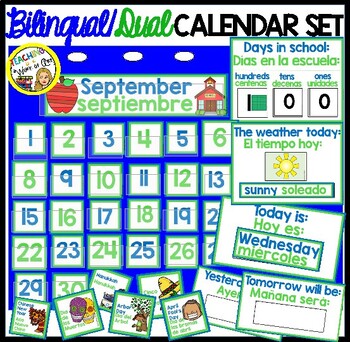 Preview of Calendar Weather Set DUAL/BILINGUAL BLUE ENGLISH, GREEN SPANISH