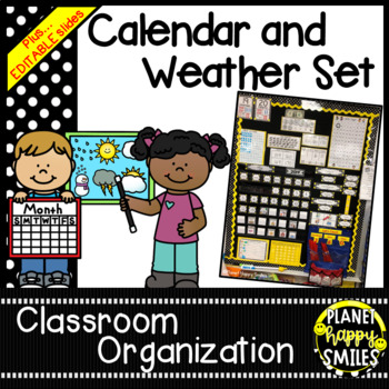 Preview of Calendar Weather Set and More with EDITABLE Slides - Black and White Polka Dots