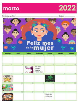 Preview of Calendario de marzo en español 2022 | March 2022 Calendar for Spanish Class