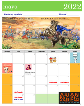 Preview of Calendario de mayo en español 2022 | May 2022 Calendar for Spanish Class