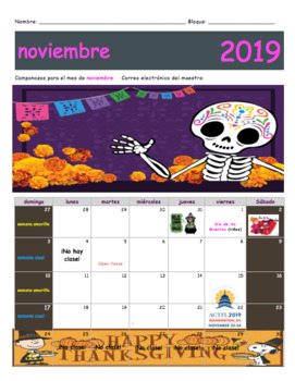 Preview of Calendario de noviembre en español 2019 | November calendar 2019 Spanish class