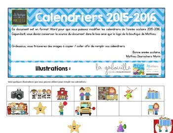 Preview of Calendriers du mois pour les parents (Août 2015 à juin 2016)