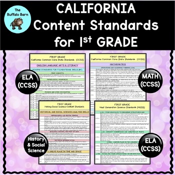 Preview of California Content Standards for First Grade (CCSS ELA & MATH, NGSS, + more!)