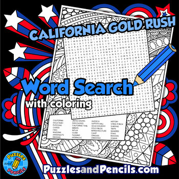 Preview of California Gold Rush Word Search Puzzle Activity & Coloring | California History