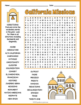 California Missions Word Search Worksheet by Puzzles to Print | TpT