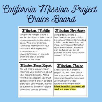 Preview of California Mission Project Choice Board