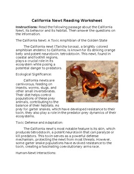 Preview of California Newt Reading Worksheet w/Answer Key **Editable**