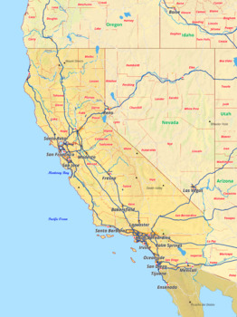 Preview of California map with cities township counties rivers roads labeled