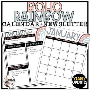 Preview of Calm Classroom Boho Rainbow Monthly Calendar and Newsletter Templates