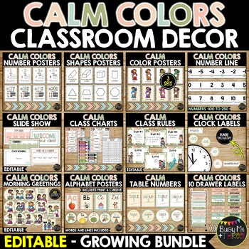 Preview of Calm Colors Classroom Decor BUNDLE | Management | Organization | Posters