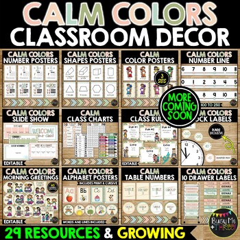 Preview of Calm Colors Classroom Decor BUNDLE | Management | Organization | Posters