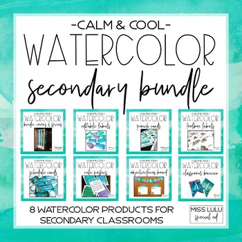 Preview of Calm & Cool Watercolor Secondary Classroom Decor Bundle