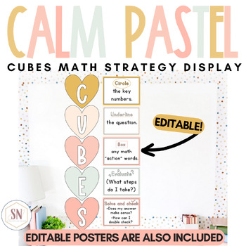 Preview of Calm Pastel Classroom Decor |  CUBES Math Strategy Posters | Editable | *NEW