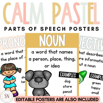 Preview of Calm Pastel Classroom Decor | Grammar - Parts of Speech Posters Editable | *NEW