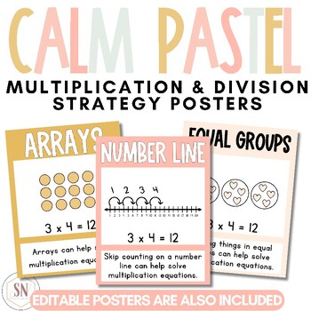 Preview of Calm Pastel Classroom Decor | Multiplication & Division Posters | Editable