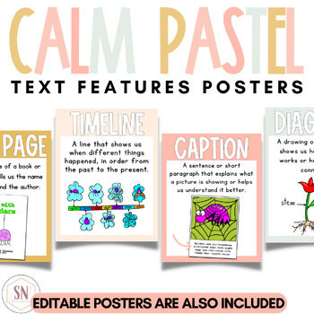 Preview of Calm Pastel Classroom Decor | Nonfiction Text Features | Editable | *NEW