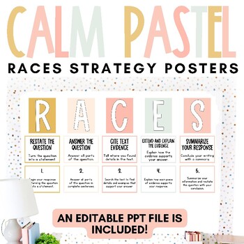 Preview of Calm Pastel Classroom Decor | RACES Writing Strategy Posters | Editable | *NEW