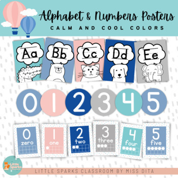 Preview of Calm and Cool Color Theme Classroom Alphabet and Number Posters