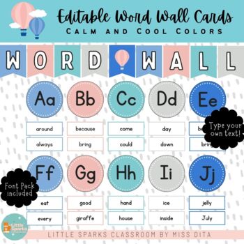 Preview of Calm and Cool Themed Word Wall | Editable Cards