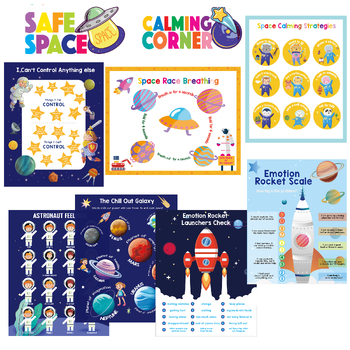 Preview of Calming Corner Classroom Decor Posters Bundle Ideas, Space Themed Emotional Kits