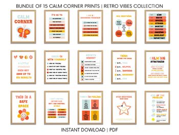 Preview of Calming Corner Classroom Printables, Groovy Retro Canva Classroom Decor