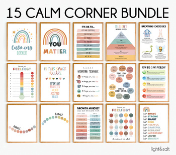 Preview of Calming Corner set of 15 posters, Boho classroom decor, school counselor office