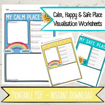 Preview of Calming Happy Place Visualization Worksheets SEL 5 Senses Reflection Sheet