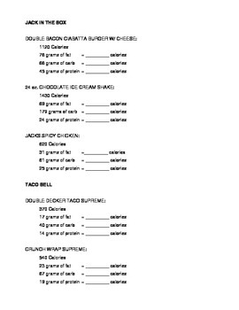 Macronutirents Calorie Calculations Worksheet for Foods and Nutrition