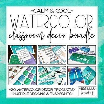 Preview of Calm & Cool Watercolor Classroom Decor Bundle