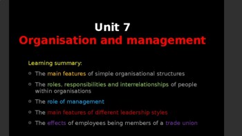 Preview of Cambridge IGCSE Business - Unit 7 - Organisation & Management  Lesson Support