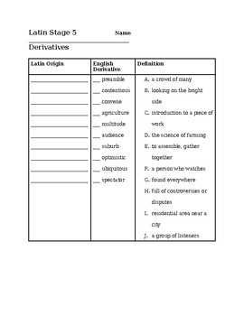 Preview of Cambridge Latin Stage 5 English Derivatives Worksheet