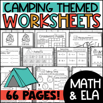 Preview of Camp Day Theme Activities and Worksheets: Camping Themed End of year Review 