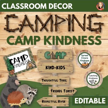 Preview of Camp Kindness Activities and Camping Classroom Decor Bulletin Board