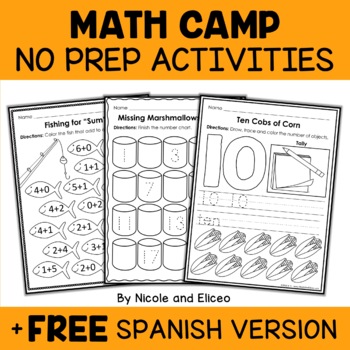 Preview of Camp Kindergarten No Prep Math Packet + FREE Spanish