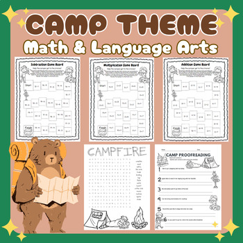Preview of Camp Theme Camp Week Math Game Board Language Arts Practice Review