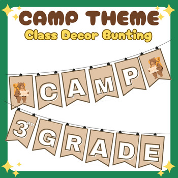 Preview of Camp Theme Class Decor Bunting Banner Brown Bear Letters & Grade Levels
