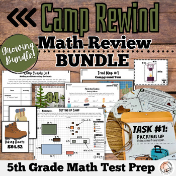 Preview of Camp Themed 5th Grade Math Test Prep Review BUNDLE | Camping Transformation