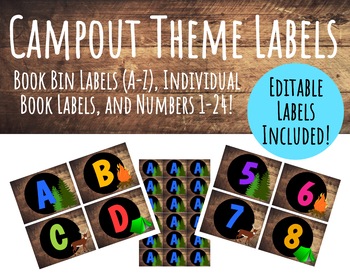 Preview of Camp Themed Labels: Book Bin & Individual Book, Word Wall, Numbers 1-24 Bundle